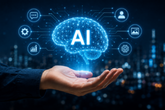 Leuchtendes digitales Gehirn mit dem Schriftzug AI schwebt über einer geöffneten Hand vor dunklem technologischem Hintergrund