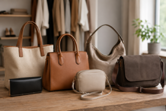 Verschiedene Handtaschenarten wie Shopper, Henkeltasche, Clutch, Crossbody, Hobo-Bag und Messenger-Bag auf einem Holztisch