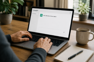 Person arbeitet an einem Laptop mit geöffneter Chatoberfläche in einem hellen Homeoffice