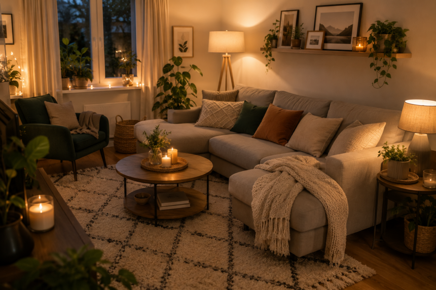 Gemütlich eingerichtetes Wohnzimmer mit Sofa, Kissen, Decke, warmem Licht, Kerzen, Teppich, Pflanzen und persönlicher Dekoration