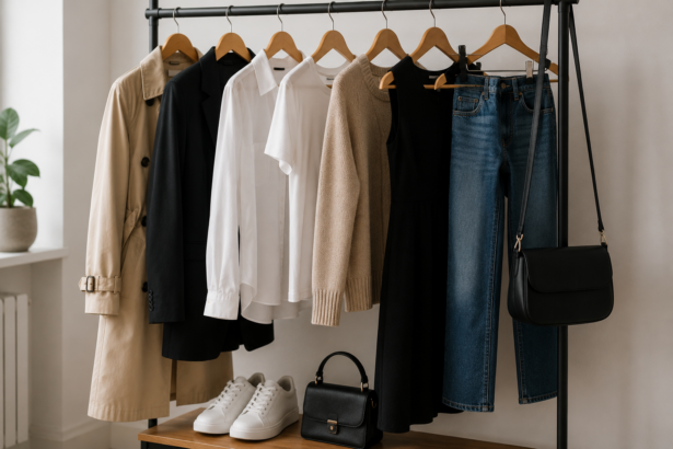 Frau steht vor einer Auswahl zeitloser Modeklassiker wie weißer Bluse, Jeans, schwarzem Blazer, kleinem Schwarzen, Trenchcoat und weißen Sneakern
